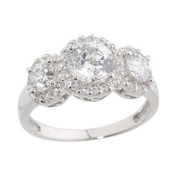 QVC Epiphany Platinum Clad Diamonique 100-Facet 3 Stone Ring  0232 - Picture 1 of 4